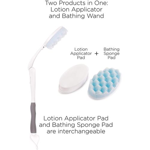 Juvo BWLA01 Premium All-in-One Wand Applicator, 23" Long Reach Handle, Adjustable, Includes Bath Sponge and Lotion Pad, 1 Count, White