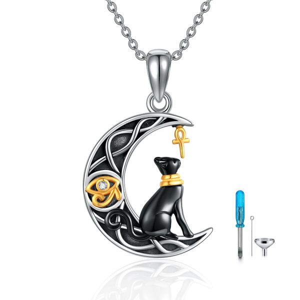 [YFN] Black Cat Urn Pendant Egyptian Cats Accessories 925 Silver Metal Allergies Cat Crescent Moon Urn Necklace Memorial Pendant Necklace Egyptian Cat Bastet Black Cat Goods Hand Memorial Mini Urn Urn
