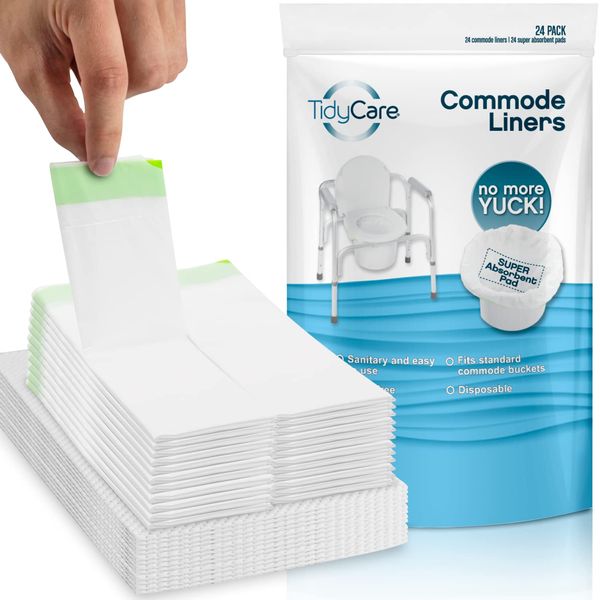 TidyCare Bedside Commode Liners and Absorbent Pads for Portable Toilet Chair Bucket and Bedpan | XL Combo Pack of 24 Disposable Waste Bags and 24 Pads | Universal Fit Portable Toilet Liners and Pads