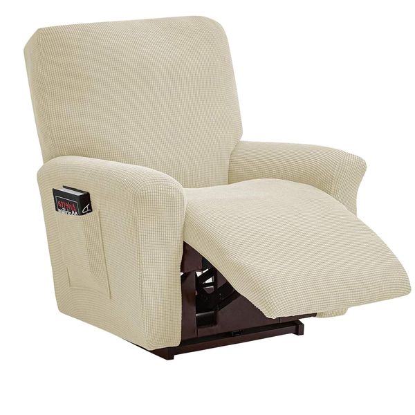 Topchances Recliner Chair Covers With Pockets,Stretch Armchair Covers Slipcovers Non Slip Reclining,Washable Recliner Sofa Cover Furniture Protector For Living Room(Recliner,Beige)