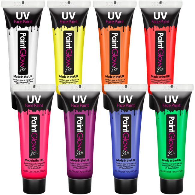 UV Body Paint and Face Paint - 8 Colors - Blacklight Reactive Paints - Body Makeup Glows In the Dark for Black Light Parties, Halloween Costume - Water Based, Washable, Non-Toxic Neon Party Supplies