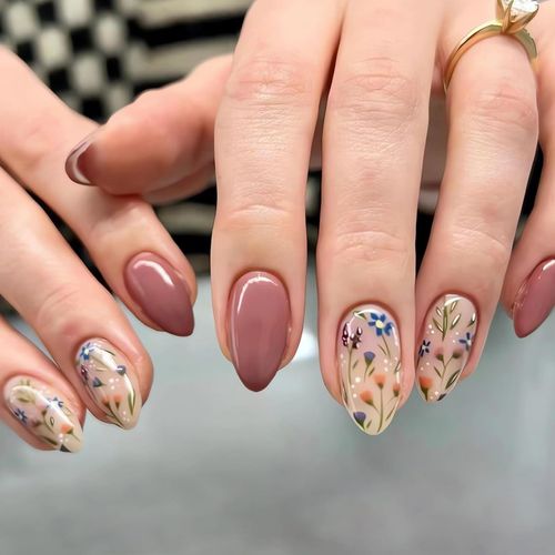 Cosmeria Press On Nails Almond Brown Flower Unghie Corte Artificiali Con Motivo Fiore Blu Acrilico Colla Per Le Donne 24 Pezzi