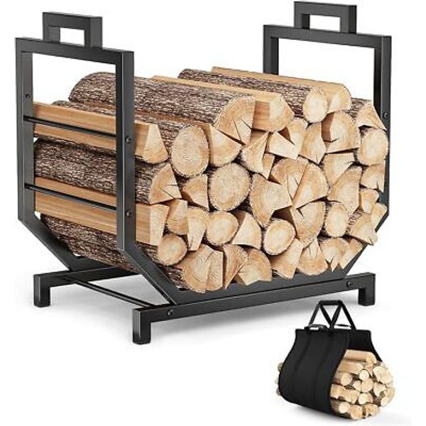 Firewood Rack Outdoor Indoor with Firewood Carrier, Metal Wood Rack Heavy Duty F