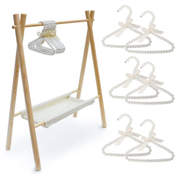 Wooden Pet Clothes Hanger 6piece Set With 2tier Storage Space Beige