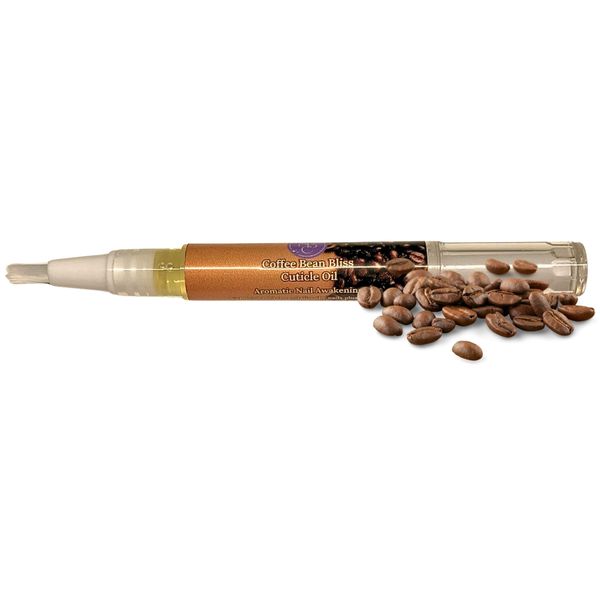 Coffee Bean Bliss. Coffee Scented Cuticle Oil. Natural Ingredients. Vegan & Cruelty Free. 3ml Twist Pen Bottle for Easy Application. Moisturising, Nourishing, Conditioning