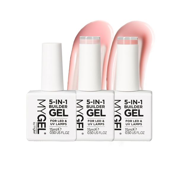 Mylee 5 in 1 Builder Base Strengthening Gel Trio 3x15ml, UV/LED Nail Polish Coat, Hard Strong Nails Tips & Extensions, Nail Art Decoration, Decals & Jewels, Professional Manicure Repair (Just Peachy)
