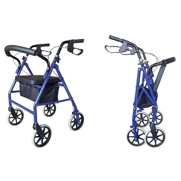 Steel Walker with Wheels Black, Folding Four Wheel Rollator, Lightweight Folding Mobility Aids, with Seat & Carry Bag, Mobility Walker Rollator 4 Wheel, for Elderly Disabled (Blue)