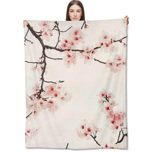 CUEBOS Cherry Blossom Flannel Throw Blanket 50x60 Inch, Elegant Branch with Soft Pink Flower Blankets Soft Cozy Fleece Throws for Floral Lover Bed Sofa Dorm Living Room Minimalist Decor Gifts
