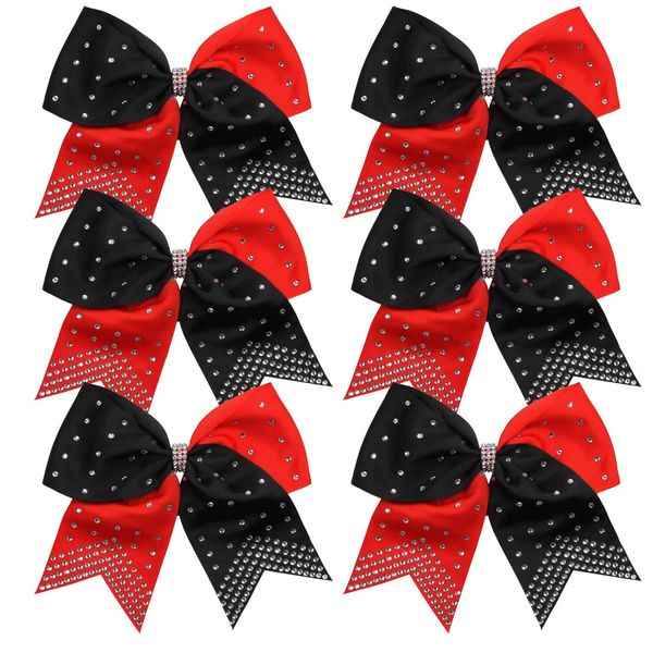 8 Inch 2 Colors Cheerleader Bows Ponytail Holder with Bling Fling Rhinestones Hair Tie Cheerleading Bows 6 Pcs (Red/Black)