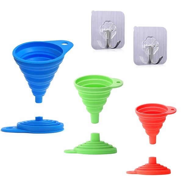 3 Pieces Collapsible Funnels, Funnels for Liquid Filling Bottles or Containers, Kitchen Silicone Funnel Set, Filling Vial Set, Red Green Blue (S/M/L) (3 Funnels Plus 2 Hooks)