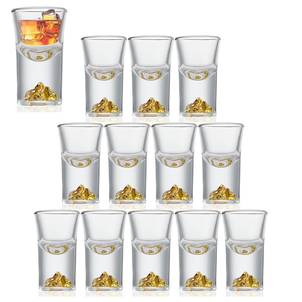 GOWTHHRT Shot Glasses, Clear Shot Glasses, Clear Glasses, Shot Glasses Set Mini Bullet Cups for Party, Bar, Club, with 24K Gold Foil Flake, Mountain Shape and Whiskey Glass Set, Mini Tequila Glasses,