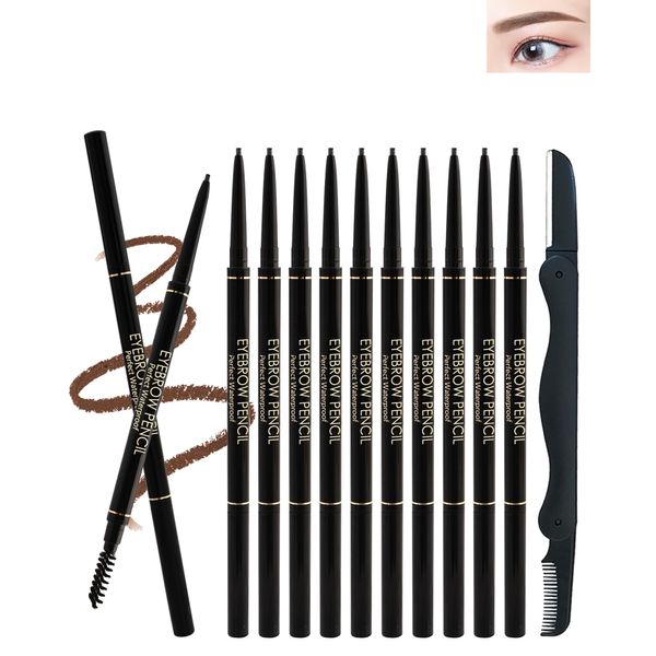 12Pcs Waterproof Light Brown Eyebrow Pencil Set, Professional Brow Micro Eyebrow Retractable Pencil, Ultra Fine Long Lasting for Perfect Eye Liner Brows Eye Makeup Shaping & Filling Brow Gel Pen- 02