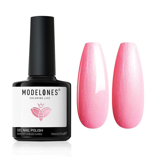 Modelones Baby Pink Gel Polish, 1 Pcs 15ml Glitter Pink Color Gel Nail Polish Soak Off LED Long Lasting French Manicure Essential Gel Nail Varnish Salon Design DIY at Home Gifts for Women