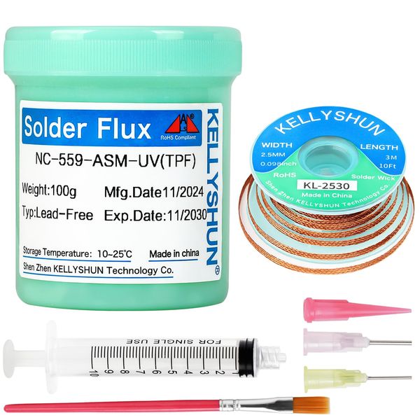 KELLYSHUN NC-559-UV Flussmittel Löten,100g No-Clean Bleifreies Kolophonium Löten Lötflussmittel (1 Stück),2.5MM/3M Entlötlitze (1 Stück) Geeignet Für Handy,SMD,BGA,PCB,Haushaltsgeräte-Reparaturen