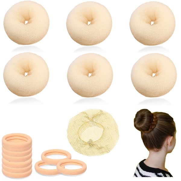 Small Hair Bun Maker for Kids, 6 PCS Chignon Hair Donut Sock Bun Form for Girls, Mini Hair Doughnut Shaper for Short and Thin Hair (5 Piece Invisible Hair Nets,10pcs Elastic band) Beige