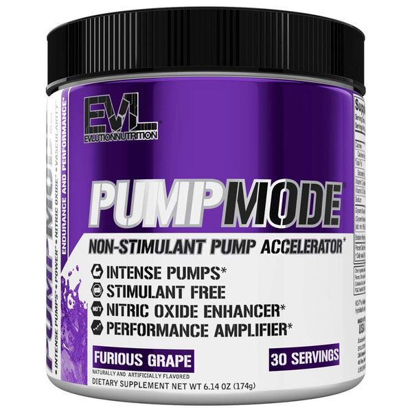 EVL PumpMode Nitric Oxide Supplement - Nitric Oxide Booster Pump Pre Workout Powder with Glycerol and Betaine for Muscle Recovery Growth and Endurance - Stim Free Pre Workout Drink (Furious Grape)