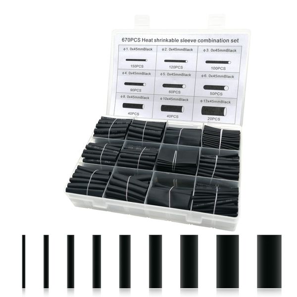 Heat Shrink Tubing Kit, 670pcs Shrink Ratio 2:1 Electrical Wire Cable Wrap Sleeving Tube kit for Wires Repairs, Soldering, Automotive Wiring (Black)