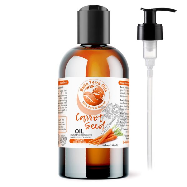 Bella Terra Oils - Organic Carrot Seed Oil 8 oz - Unveiling Organic Carrot's Enzymes & Nutritional Benefits, A Cold-Pressed Delight for a Natural Skin Glow