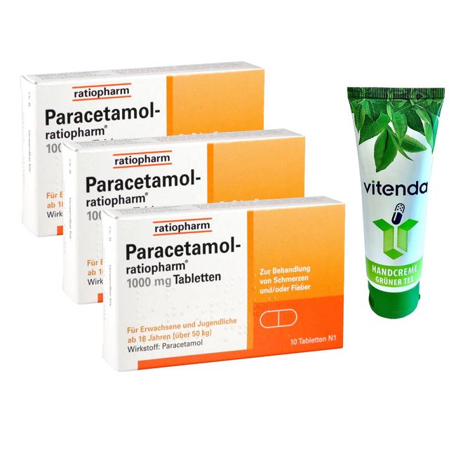 Paracetamol-ratiopharm 1000 mg Tabletten 3x10 Stück inclusive einer Handcreme von vitend - Der gut verträgliche Klassiker hilft gegen Schmerzen und Fieber