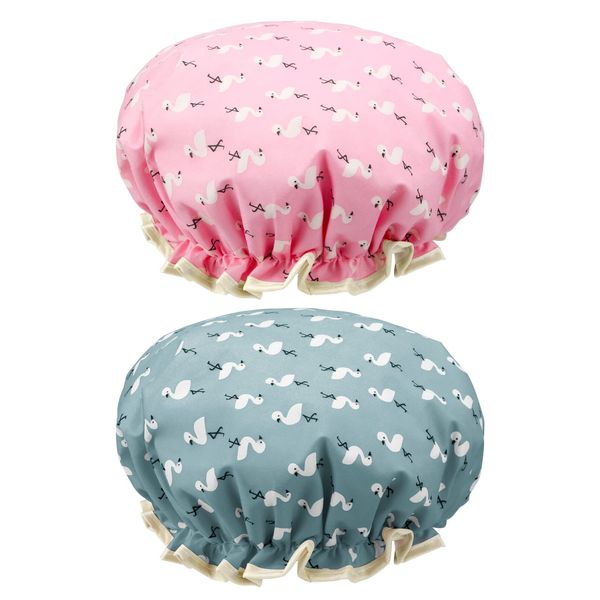 2 Pcs Shower Cap Elastic Band Waterproof Bath Caps Double Layers Reusable With Ruffled Edge Covering Ears for Girls and Women