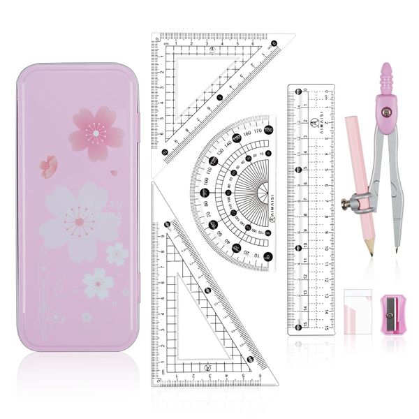 Maths Set | Compass Maths Protractor and Compass Set | Triangle Ruler Protractor Rubber Pen Geometry Sets with Storage Tin | Maths Sets for Secondary School (8Pcs Pink)