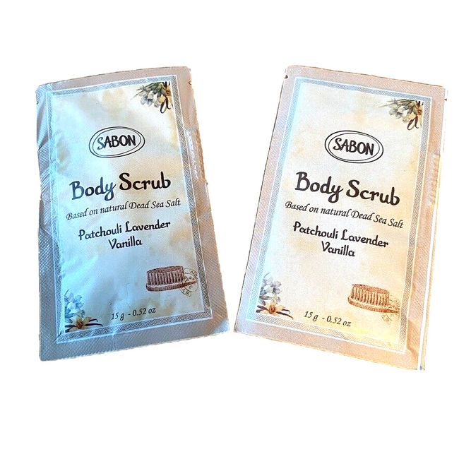 Lot of 2 Sabon Body Scrub Patchouli Lavender Vanilla 15g/.52oz Sample - NEW