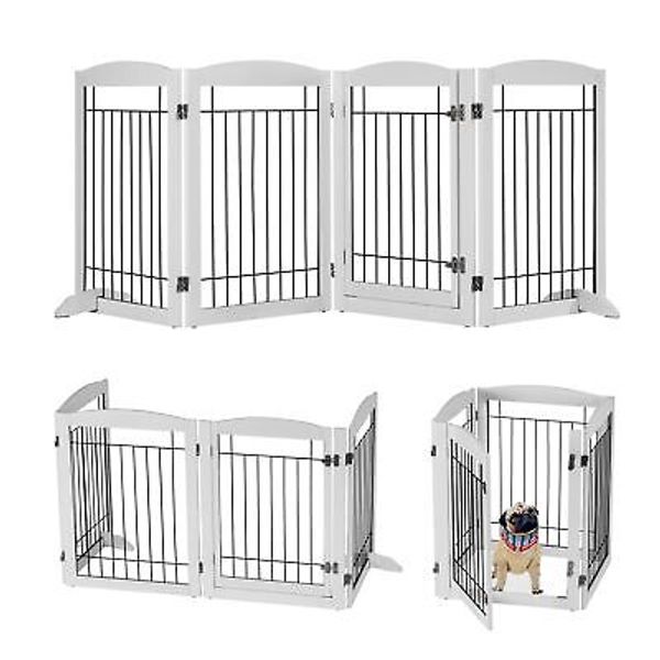 Freestanding Pet Gate with Door, Foldable Wooden Indoor Dog Gate for House, S...