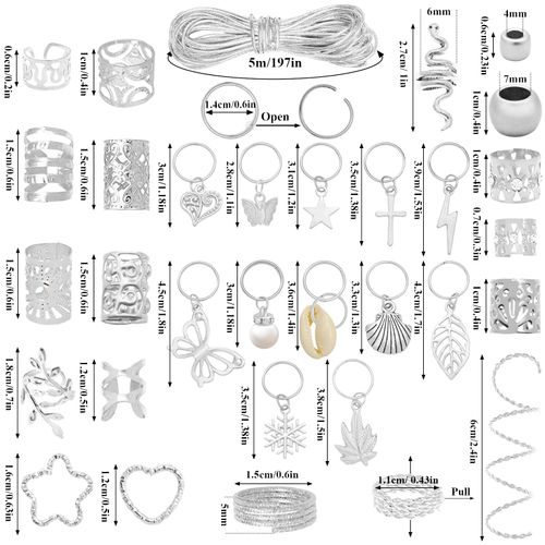 Fscwlmon 309Pcs Hair Jewelry for Women Braids,Hair Loc Cuff Coils Rings for Dreadlock Accessories,Locs Hair Tube Beads Decorations,Braid Clips Hair Charms Braids Accessories Silver