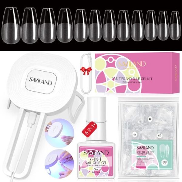 Saviland Nail Tip Kit 240pcs Ultra-thin Nail Tips + 6-IN-1 Nail Glue + Handheld Nail Light with Type-C Cable Nail Glue Gel Kit Nail Art 02