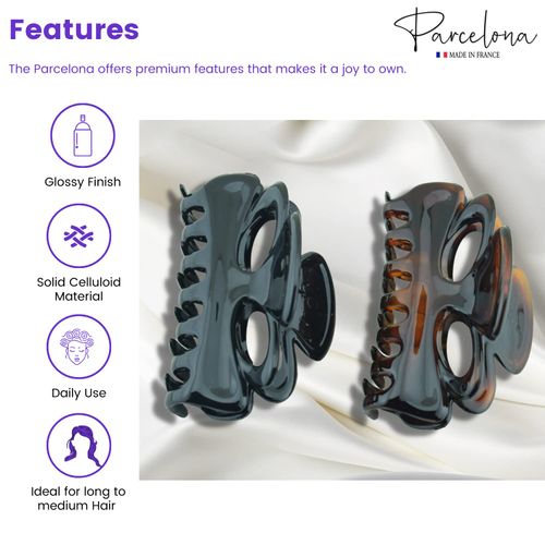 Parcelona French Chat Yeux 3 1/2" Shell and Black Celluloid Set of 2 Non Slip Hair Claw Clips for Women, Made in France