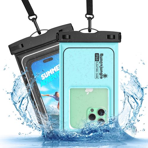 Bungajungle Waterproof Phone Pouch - 2 Pack IP68 Floating Waterproof Phone Case, Dry Bag Beach Cruise Essentials with Adjustable Lanyard for iPhone 16 Pro Max / 15 Pro/Galaxy S24 S23 (Black and Blue)