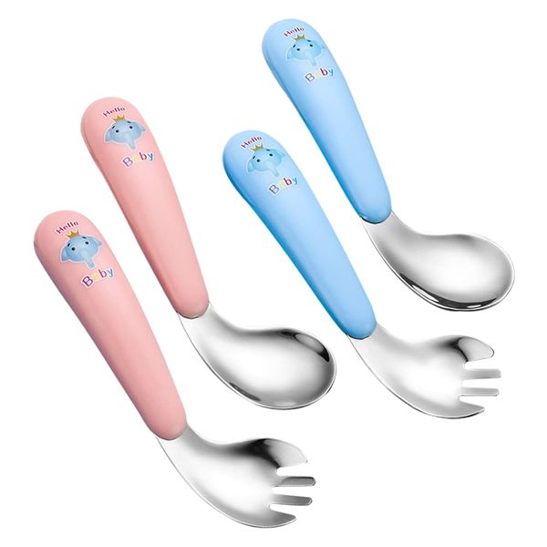 HUYIWEI 4pcs Stainless Steel Baby Flatware Set, ABS, Blue and Pink, Includes 2 Forks & 2 Spoons, Ergonomic Design, Cute Elephant Pattern, Safe for Babies, BPA-free, Hand Wash Only