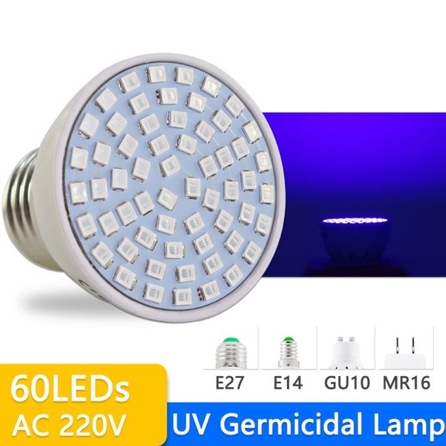 UV Germicidal Light LED Bulb GU10 E27 MR16 E14 Desinfection Lamp Sterilizer 2835 SMD 220V 240V Ultraviolet, [02] UV Germicidal 60LEDs, [02] e27