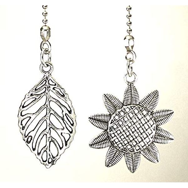 Two-Piece Silvery Metal Ceiling Fan Pulls Sunflower and Leaf Nature Set