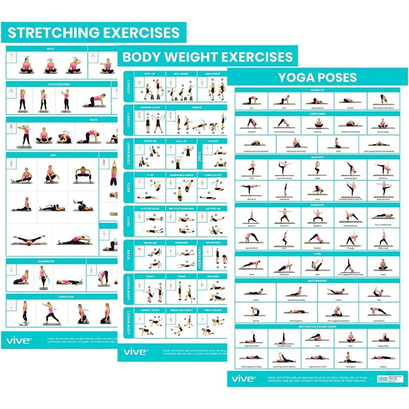 Vive Workout Posters (3 Pack) - Bodyweight, Yoga, Stretching Exercise ...