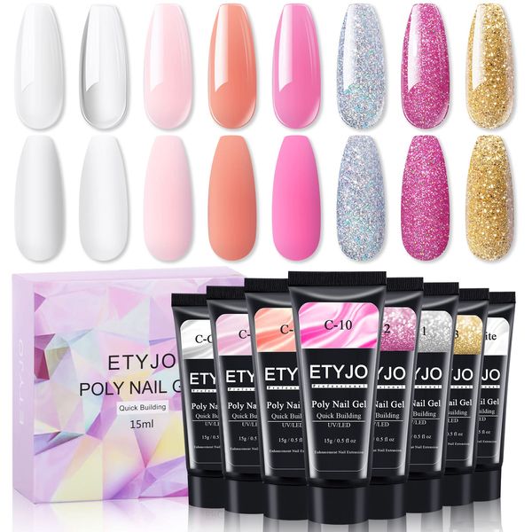 ETYJO Poly Gel Nail Kit, 8 Colours 15 ml Poly Gel Nails Set Nude Pink Gold Gel Nail Builder for Nail Extension, Poly Gel for Beginners Home DIY Salon Art Nails DIY Home