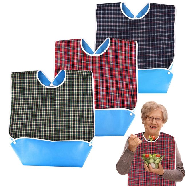 WenYa 3 Pack Adult Bibs for Eating, Washable and Reusable Adult Bib with Crumb Catcher Waterproof Clothing Protectors for Adult Elderly and Disabled, 30in X 17in (Chequered)