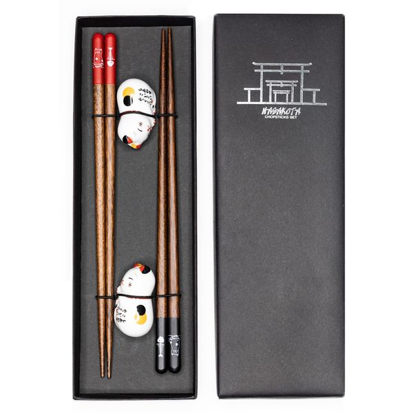 Wood Chopsticks Set with Ceramic Panda Rest (Lucky Cat)