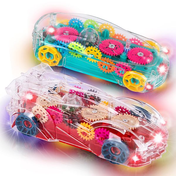 ArtCreativity Light Up Transparent Toy Cars for Kids, Set of 2, Bump and Go Toy Cars with Colorful Moving Gears, Music, and LED Effects, Fun Educational Toy for Kids, Great Birthday Gift Idea