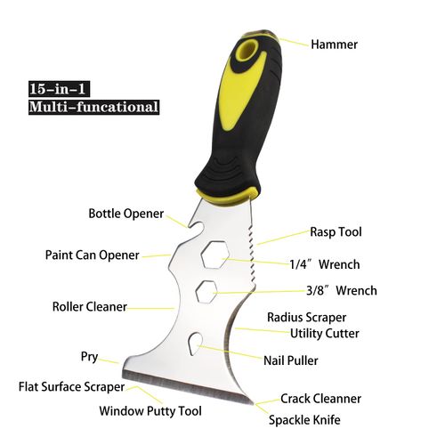 Topbidetec 15-in-1 Multi-Use Putty Knife Stainless Steel Paint Scraper Spackle Knife Caulk Removal Can Opener Paint Wallpaper Scraper Tool