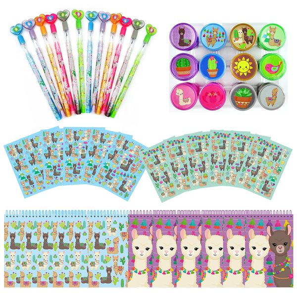 TINYMILLS Llama Alapaca Birthday Party Favor Set (12 multi-point pencils, 12 self-inking stampers, 12 sticker sheets, 12 small spiral notepads) Llama Alpaca Party Supplies Party Favors Pinata Stuffers