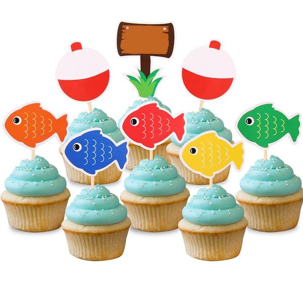 Yaaaaasss! Gone Fishing Bobber Cupcake Toppers Kids Little Fisherman Birthday Party Cake Decoration Supplies 48pcs