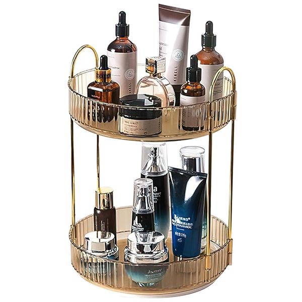 MOACC Make Up Kosmetik Organizer, 360° Drehbar Aufbewahrung, Schmink Organizers für Dresser Schminktisch Skincare Aufbewahrungssystem, 2 Schichten, Bernstein