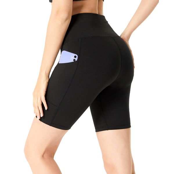 YUSHOW Cycling Shorts Women Hight Waisted Tummy Control Black Biker Shorts for Women Workout Gym Running Shorts with Side Pockets Sports Activewear Yoga Shorts