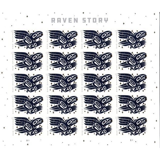 USPS Raven Story Forever Postage Stamps - Full Sheet of 20 Stamps - Rico Worl | Indigenous Artwork | American Folklore