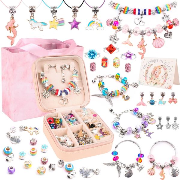 UFU Charm Bracelet Making Kit - Girls 95 Pcs DIY Beaded Jewelry Making Kit, Unicorn & Mermaid Gifts for Girls Toys Crafts for Girls Ages 5 6 7 8-12, with a Portable Bracelet Organizer Box