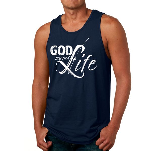 Mens Fitness Tank Top Graphic T-shirt God Inspired Life - Navy / L