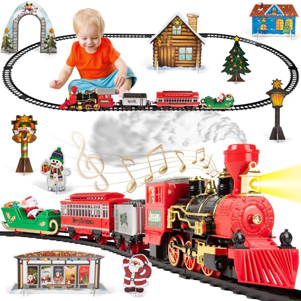 Christmas Train Set for Kids, Train Set with Sound, Lights, and Smoke Effects, with Decorative Christmas Card, Fun Train Toys for Toddlers 3 4 5 6 Years, Black