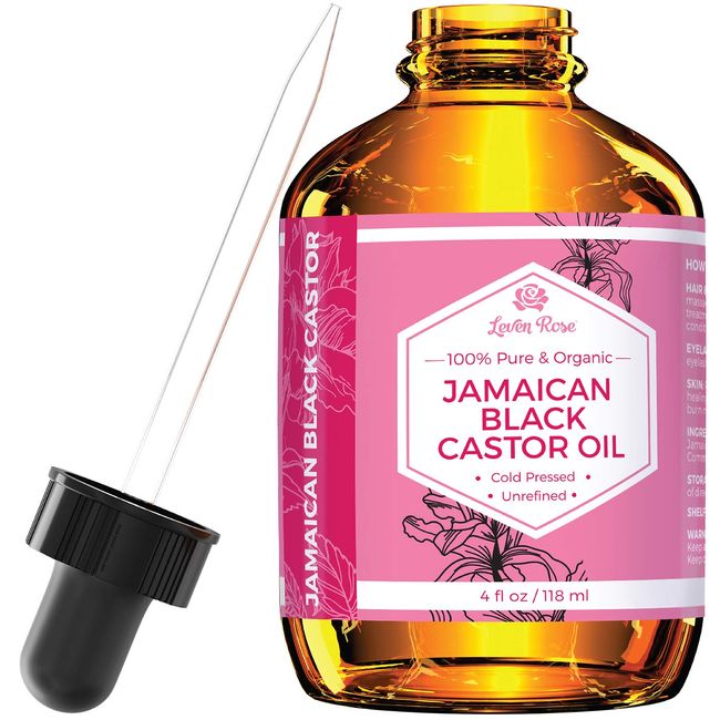 Jamaican Black Castor Seed Oil by Leven Rose, 100% Natural & Pure Organic Serum for Hair, Hot Oil Treatment, and Skin Healing for Treating Eczema, Psoriasis, Acne, Burns 4 oz
