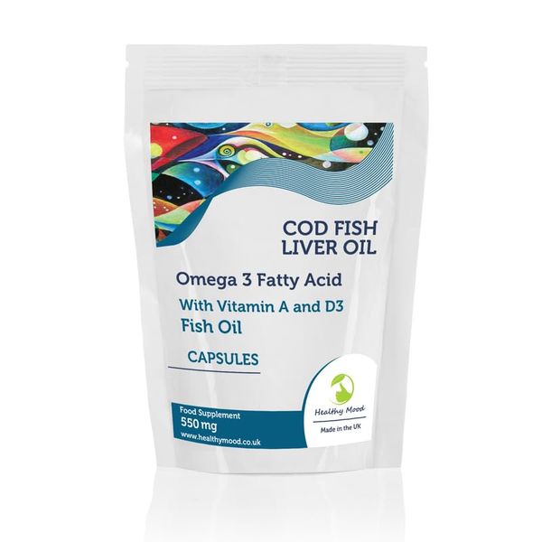 Cod Liver 550mg with Vitamin A and D3 Fish Body Oil Omega 3 x60 Capsules Pills Health Supplements Quality Nutrition UK